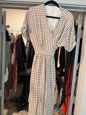 Urban Outfitters Beige Gingham Midi Wrap Dress